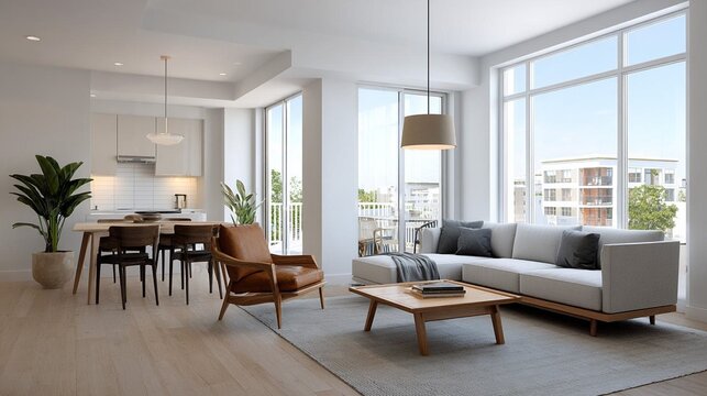 Bright modern condominium interior with stylish furniture, large balcony window, contemporary decor, clean Scandinavian aesthetic, ultra realistic architecture photography