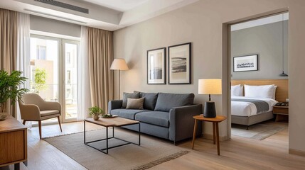 Fototapeta premium Cozy modern apartment with minimalist living area and bedroom, elegant neutral palette, natural sunlight, modern urban lifestyle photography, realistic interior design