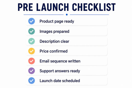 A checklist titled PRE LAUNCH CHECKLIST is displayed, listing items like Product page ready and Launch date scheduled.