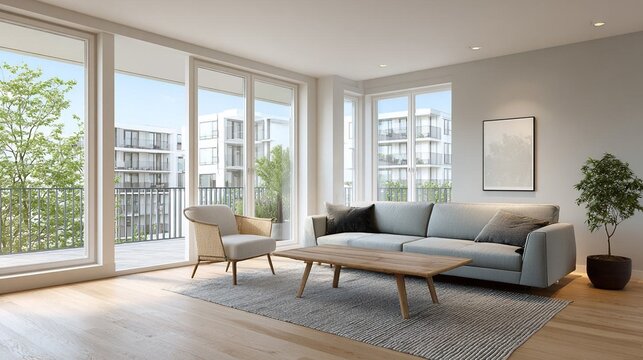 Cozy Scandinavian apartment with elegant sofa and wooden flooring, modern lifestyle interior, bright balcony view, photorealistic condominium design