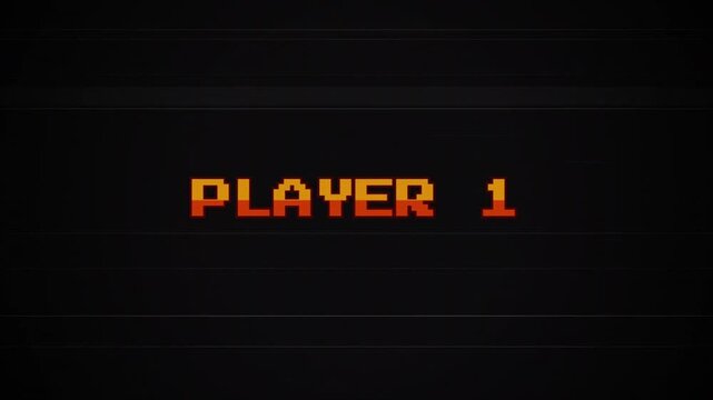 Player 1 Pixel Text with Glitch Animation on Retro Game Screen, 8-Bit Arcade Style, Vintage CRT TV Interference, VHS Scanlines, Classic Gaming UI, Digital Noise 4k video