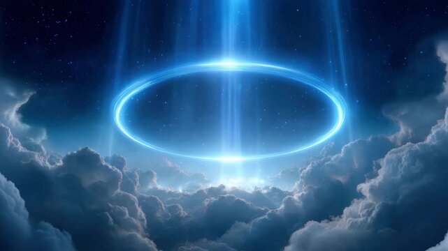 Mystic blue light ring in cloudy night sky above glowing horizon, fantasy portal beam with stars and atmospheric cloudscape