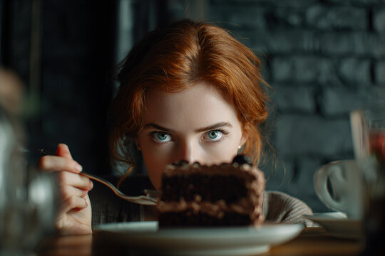 Sweet Temptation Woman Eagerly Indulging in Rich Chocolate Cake at Cozy