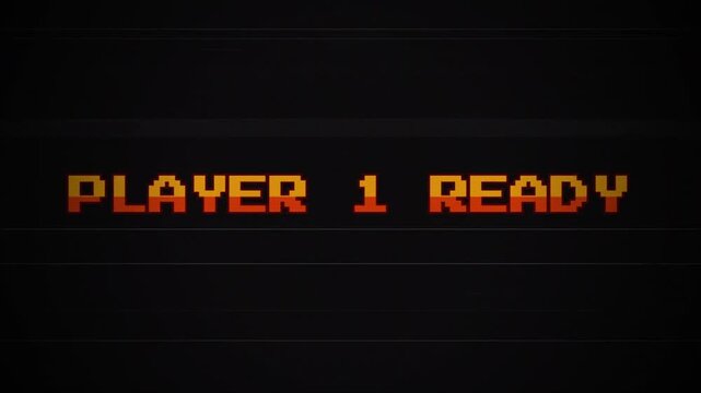 Player 1 Ready 8-Bit Retro Text Animation, Vintage Arcade Game Screen, CRT Glitch Effect, VHS Static Interference, Pixel Art Gaming Motion Graphic, 1980s Aesthetic 4k video