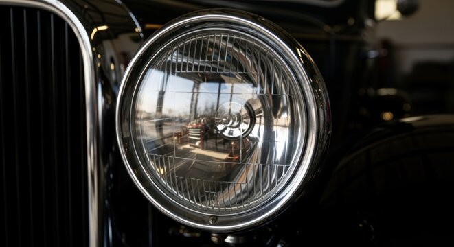 Closeup of a vintage car headlight reflecting the interior.