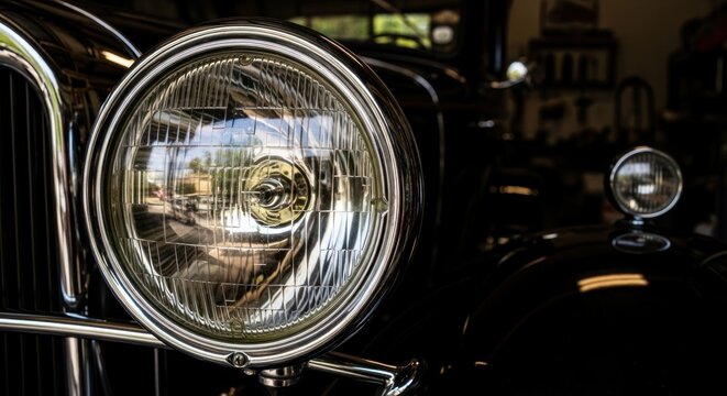 Closeup of a vintage car headlight with chrome details.