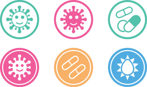 Vibrant flat-style of diverse microbiome and gut bacteria in six circular colorful bacteria