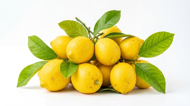 Fresh yellow lemons with green leaves in a cluster