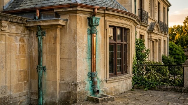 Ornate copper gutter system channeling water down weathered stone building exterior