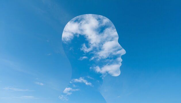 There is a double exposure photo of a man ' s head with clouds in the background