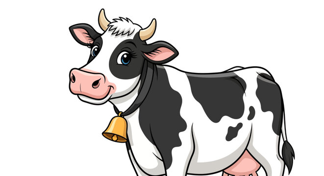 Cartoon cow illustration smiling with bell isolated white background for design