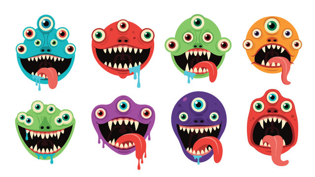 Collection of eight colorful cartoon monster faces with multiple eyes sharp teeth and long tongues hanging out isolated on white background.