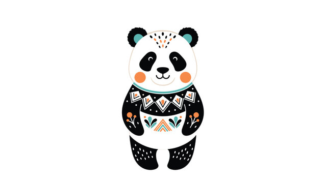 Adorable panda bear character wearing a decorative black and white sweater with colorful geometric patterns and small orange cheeks on white.