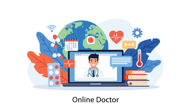 Online medical consultation concept with a male doctor on a laptop screen surrounded by health icons like medicine pills and thermometer.