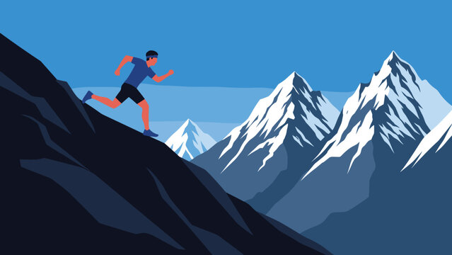 Silhouette of a male athlete running up a steep mountain slope with snow capped peaks in the background under a clear blue sky illustration.