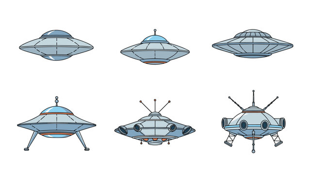 Set of six different retro style unidentified flying objects or UFO designs with metallic bodies domes and various antennas on white background.