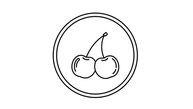 Minimalist black and white line art illustration of two cherries inside a circular frame on a plain white background for design work.