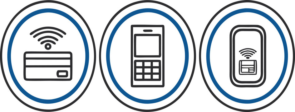 Isometric set of contactless payment symbols: credit card with wi-fi, nfc, and bluetooth