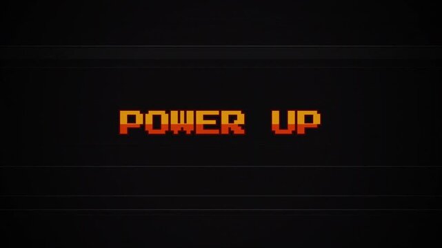 Power Up 8-Bit Retro Text Animation, Vintage Arcade Glitch Effect, Pixel Art Video Game UI, Old TV Interference, VHS Static Background, Gaming Level Up Concept 4k video
