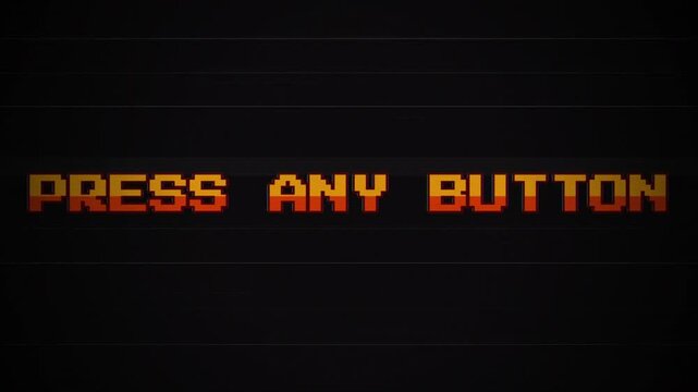 Press Any Button 8-Bit Pixel Art Animation, Retro Gaming UI, Vintage Arcade Glitch Effect, VHS Screen Interference, Old School Console Start Screen 4k video