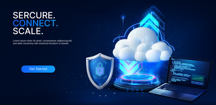 Futuristic cloud cybersecurity illustration with glowing data platform, shield lock icon, laptop code screen, neon arrows, and circuit background