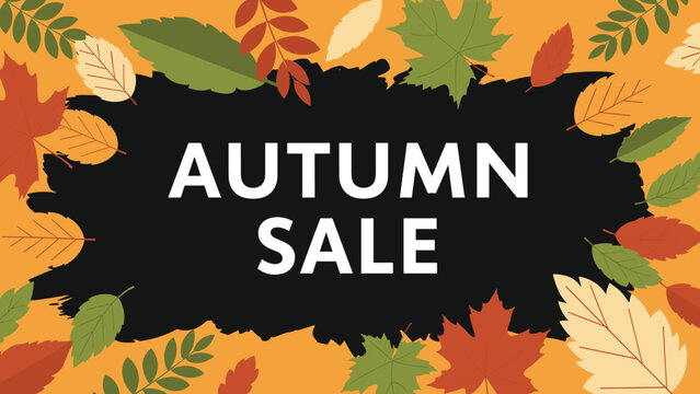 Seasonal autumn sale banner features colorful fall leaves framing a black textured paint stroke background for retail marketing.