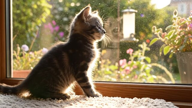 Adorable kitten sits by a sunny window, observing the garden with birds chirping in the background