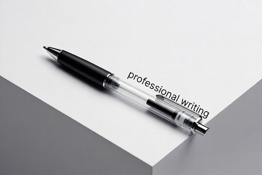 A black and clear professional writing pen rests on a white surface angled against a gray background.