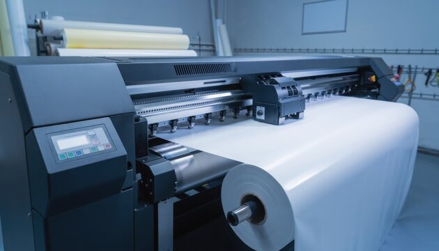 A large format industrial inkjet printer in a print shop, processing a wide roll of white vinyl for commercial use.