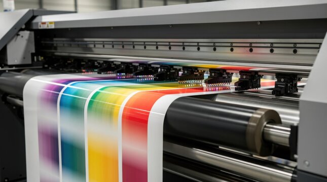 An industrial large-format printer producing a vibrant rainbow color spectrum on a roll. Modern digital printing technology in action.