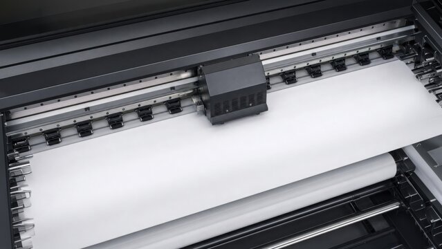 A large-format industrial printer in operation, its printhead moving over a wide roll of white media for digital production.