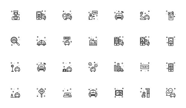 Taxi icon set. Transportation vector icons. Minimalist line icons. Featuring driver, car, cab, ride, map, location, mobile, call and more. Editable vector stroke.