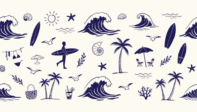 Coastal summer pattern waves surfers palms and beach elements in blue