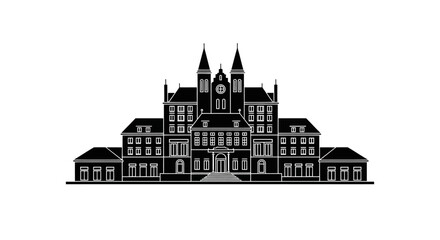 Obraz premium Black silhouette of a historic manor house icon on white background