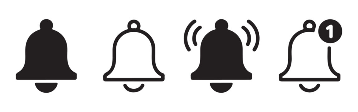 Set of bell notification icons isolated on white background for web design and mobile app interfaces.