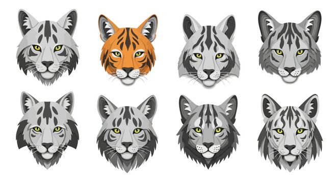 Set of Wild Cat Heads: Lynx, Bobcat, Tiger, and Other Felines