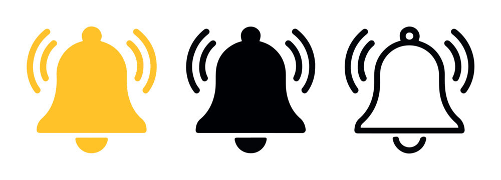 Minimalist bell icon set in yellow and black solid colors plus outline for notification alert interface.
