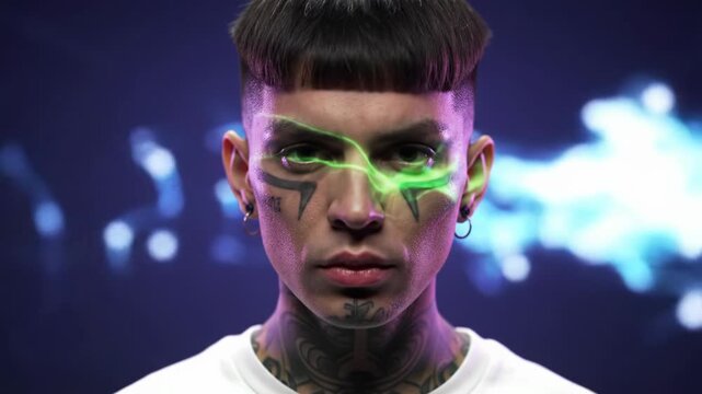 young adult with bowl cut, blackwork face tattoos, white t-shirt, intense gaze, in a static mcu video with green neon light projections on face and a blurred purple futuristic background. gritty