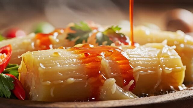 Delicious Steamed Dumplings Being Drizzled with Savory Sauce.