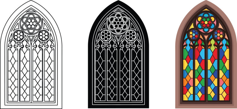 Gothic Stained Glass Church Window Vector Set with Religious Architectural Design Elements