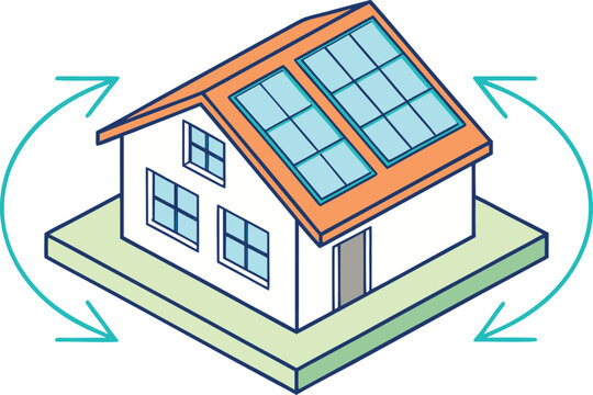 Isometric view of a green house with solar panels on roof, rotating on base isometric house