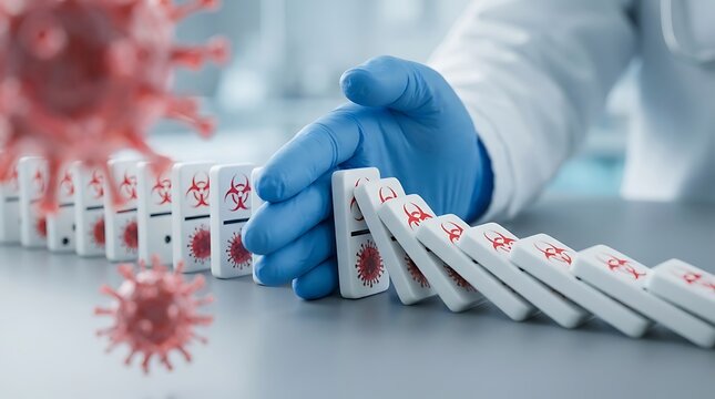 Medical professional wearing blue gloves stops a chain reaction of dominoes featuring virus and biohazard symbols, symbolizing disease control and prevention efforts.
