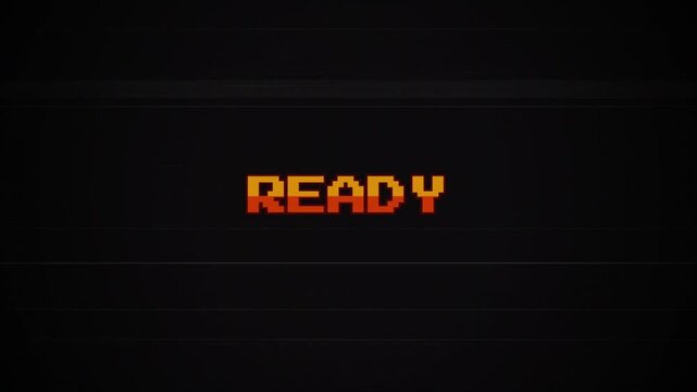 8-Bit Ready Text Animation with Glitch Effect on Retro Arcade Screen, Vintage Pixel Art, VHS Interference, Old School CRT Gaming, Start Screen Overlay 4k video