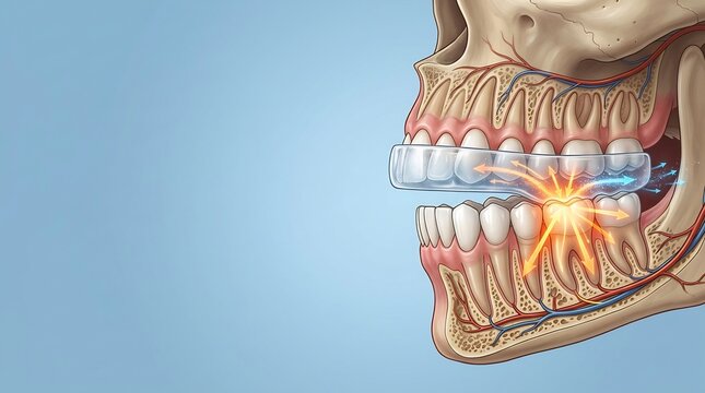 Medical illustration of a dental night guard absorbing pressure to prevent tooth wear from bruxism
