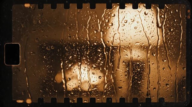 A rainy night view through a window with water droplets on it