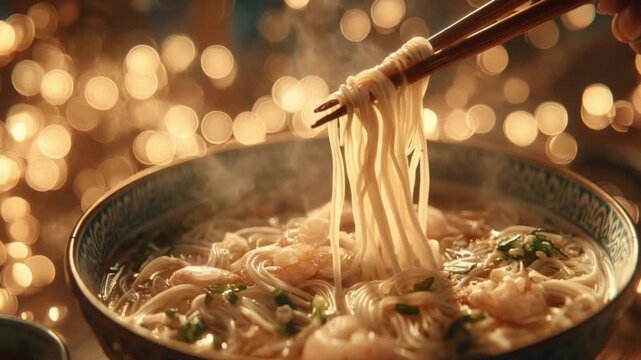 Steaming bowl of ramen noodles being lifted by chopsticks, with a blurred bokeh background of golden lights. A delicious and comforting meal, perfect for a cozy evening.