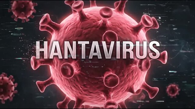 Bold Hantavirus title centered over red microscopic pathogens.