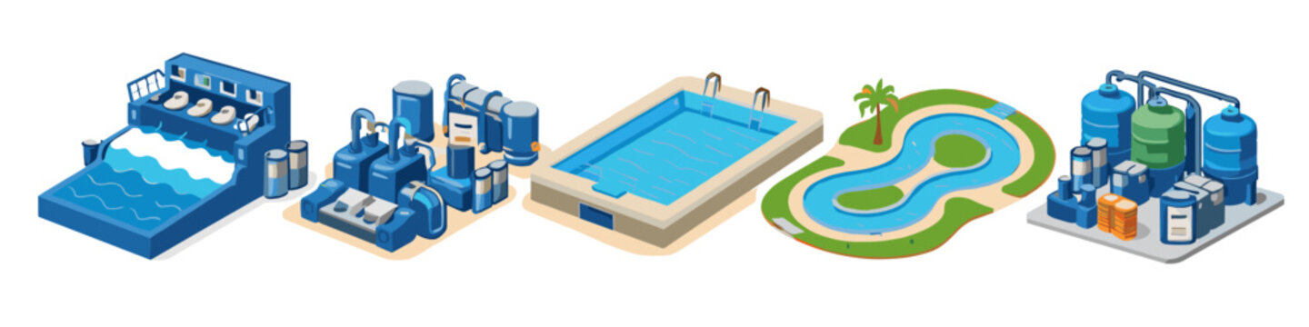 Isometric water treatment plants and recreational pools collection