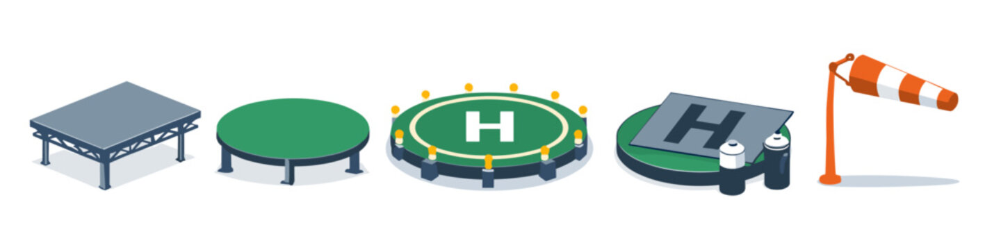 Collection of helipads and landing zones with windsock in isometric view