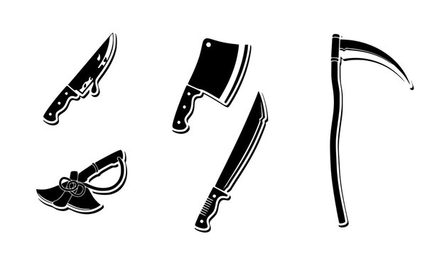 Halloween horror weapon silhouettes knife scythe cleaver vector illustration set